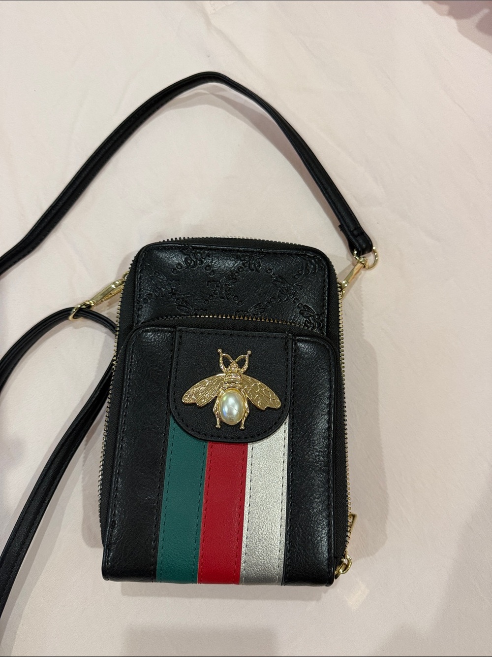 Black Crossbody Phone Wallet with Bee Accent and Tricolor Stripe